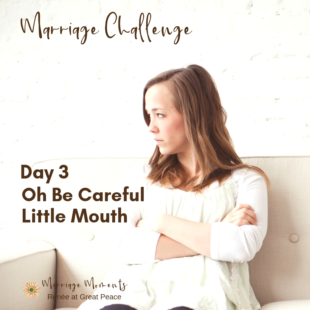 Marriage Challenge Day 3 - Oh be careful little mouth | Renée at Great Peace #MarriageChallenge #marriagemoments #marriage @wives