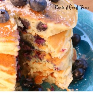 Family Breakfast Idea - Blueberry Pancakes with White Chocolate Morsels | Renée at Great Peace #familybreakfast #breakfast #pancakes