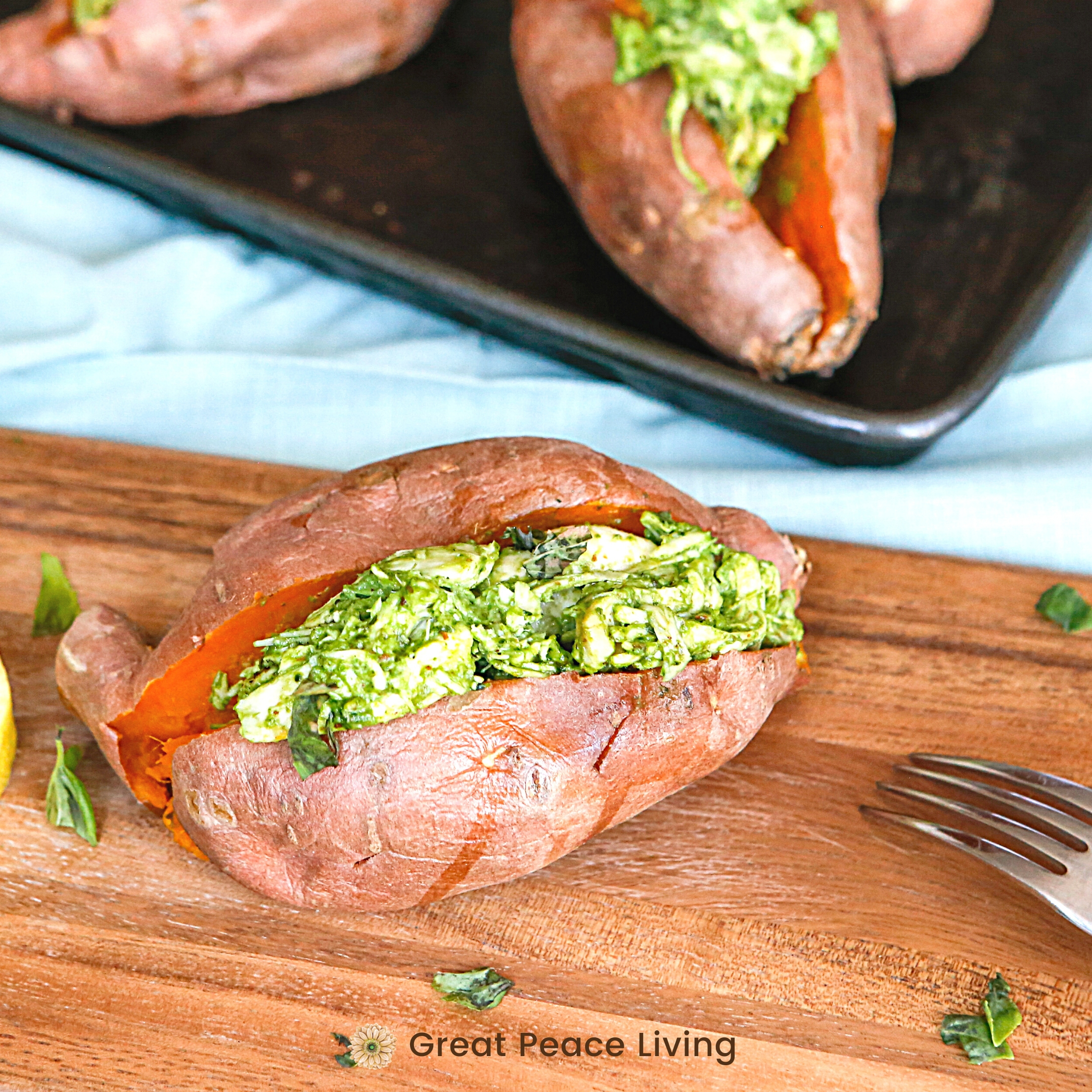 Stuffed Pesto Chicken Sweet Potatoes | Family Dinner Idea via Great Peace Living #mealplanning #dinnerideas #sweetpotatoes #recipe #pestochicken #dinner