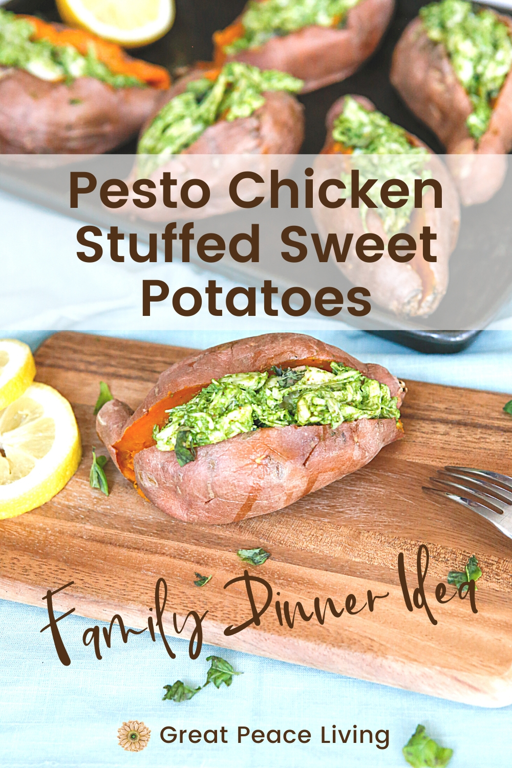 Pesto Chicken Stuffed Sweet Potatoes | Family Dinner Idea via Great Peace Living #mealplanning #dinnerideas #sweetpotatoes #recipe #pestochicken #dinner