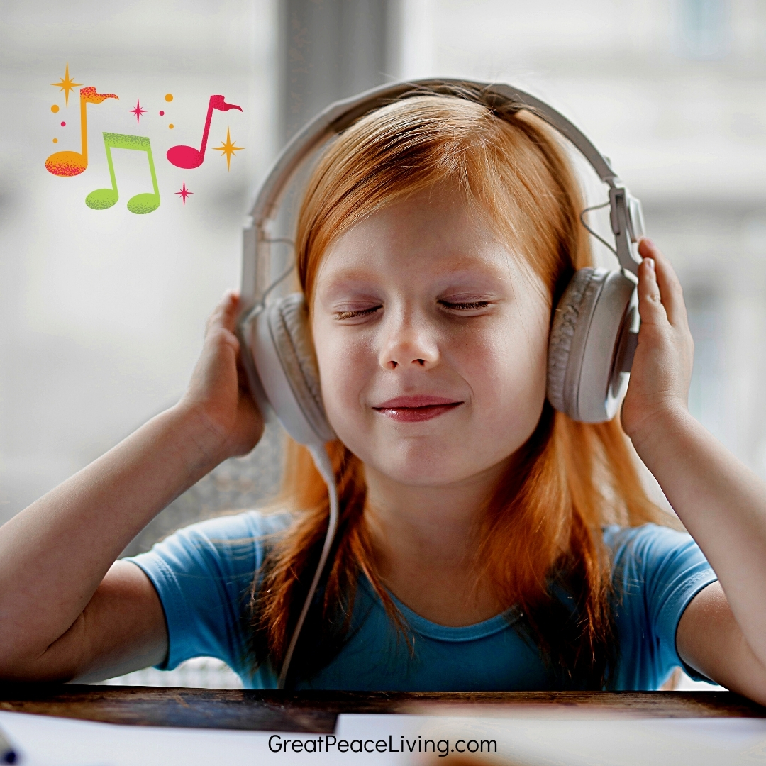 Young Girl listening to classical music with text that reads, How to Teach Music in Homeschool | GreatPeaceLiving.com