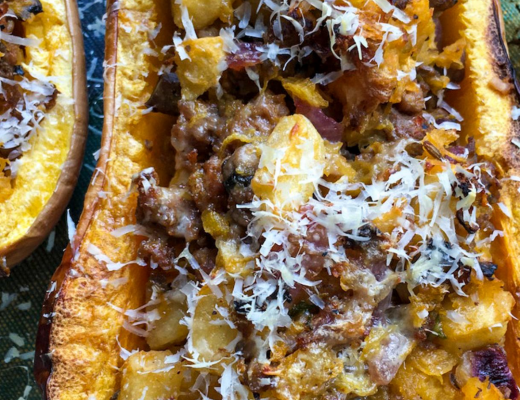 Sausage and Apple Stuffed Butternut Squash | GreatPeaceLiving.com #autumn #dinnerideas #familydinner #butternutsquash #sausageandapple